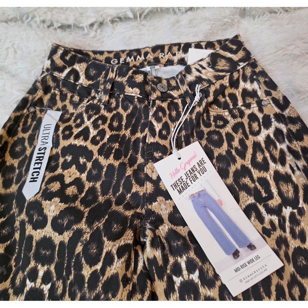 Gemma Rae USA Leopard Print Mid-Rise Wide Leg Jeans NWT Size 00 Ultra Stretch - Picture 6 of 9